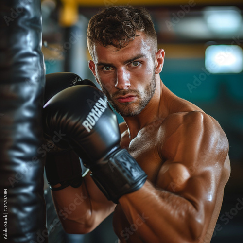 Portrait of a confident young athlete caucasian man in boxing gloves