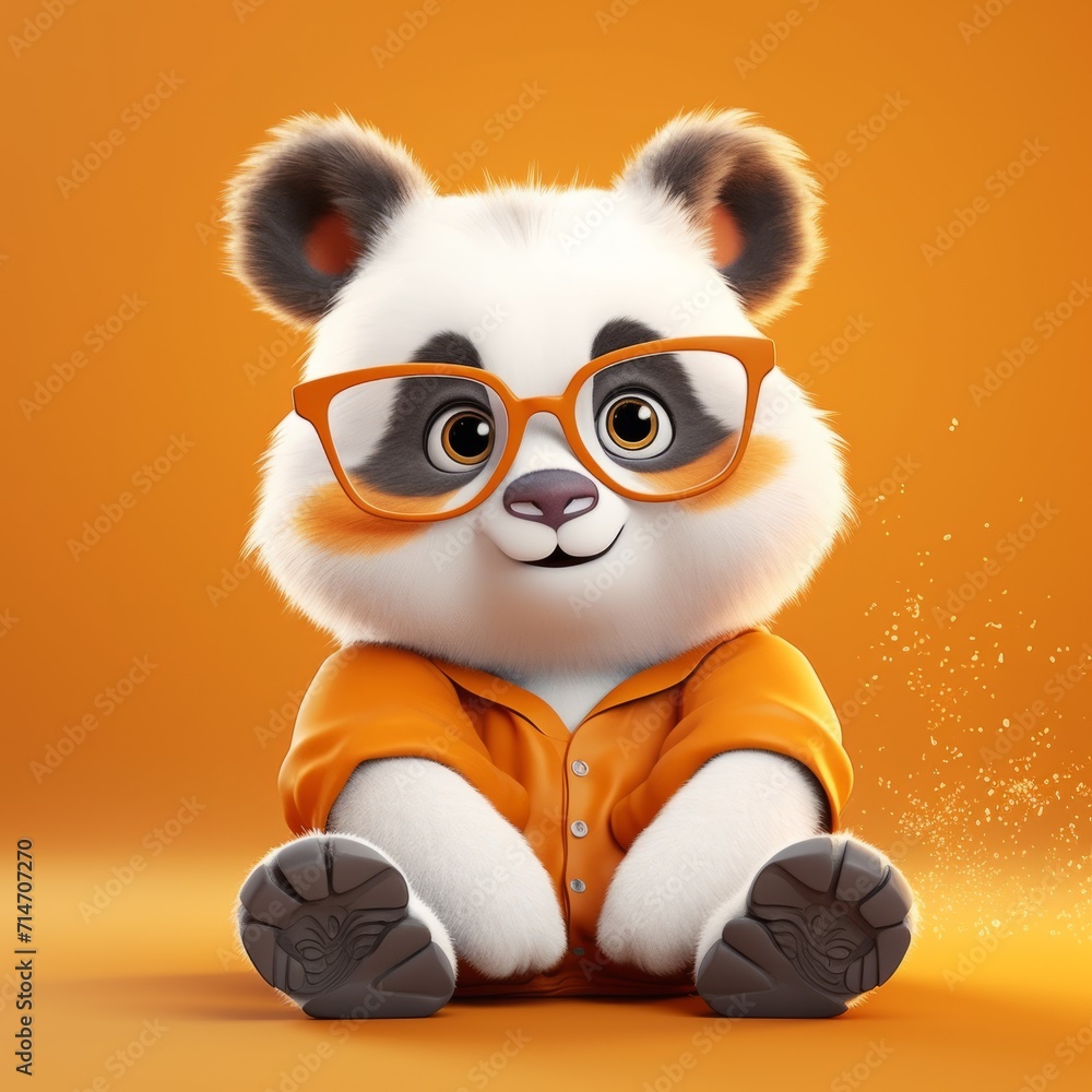 Adorable Cartoon Panda in Glasses on Orange Background