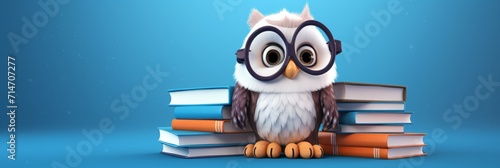Cute Cartoon Owl with Glasses and Stack of Books on Blue Background
