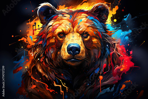 Abstract, multicolored neon portrait of a bear looking forward, in the style of pop art on a black background.