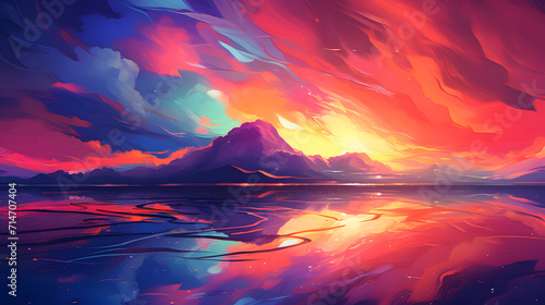 a digital illustration of a colorful landscape with some clouds