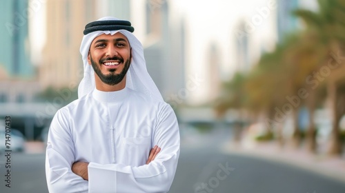 Arabic businessman in Dubai standing confidently and looking at camera with smile . photo