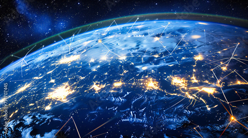 Earth viewed from space at night with city lights, representing global connectivity. photo