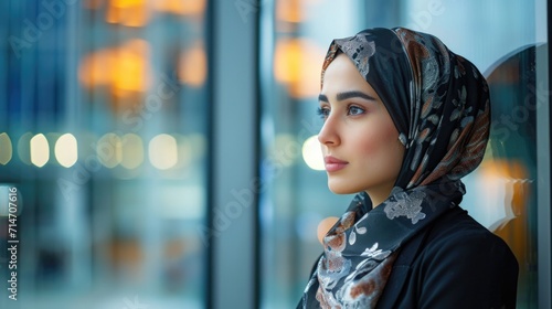 Young Emirati businesswoman looking away at conference room on big glass office.