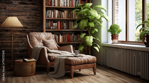 A cozy reading nook in the living room with built-in bookshelves and a comfortable armchair.