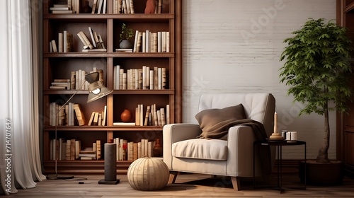 A cozy reading nook in the living room with built-in bookshelves and a comfortable armchair. © Muhammad