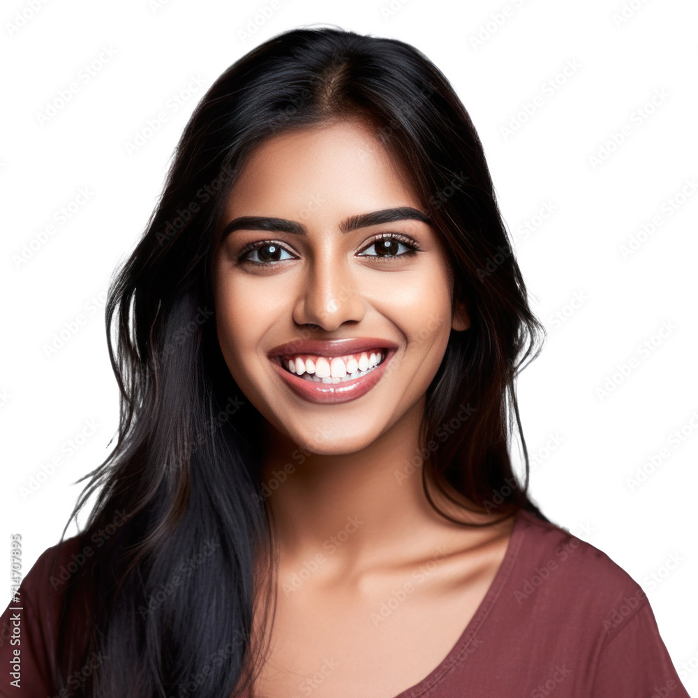 Fototapeta premium A beautiful young indian model woman smiling with clean teeth isolated on a transparent background.