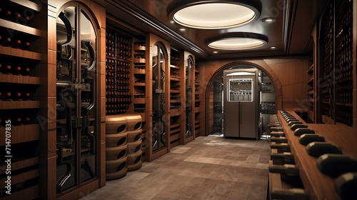 A custom wine cellar with climate control and storage for wine bottles.