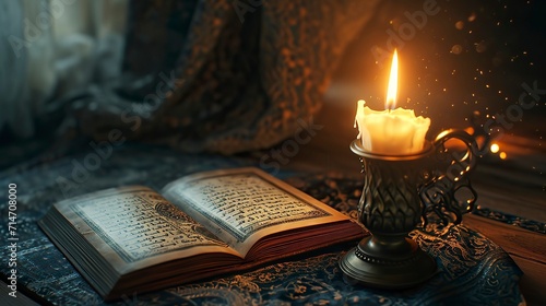 Ramadan Wallpaper idea, A book and candle lamp on a table.  photo