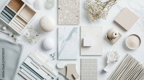 Modern flat lay composition in white and oceanic colors palette with textile and paint samples, lamella panels and tiles. Architect and interior designer moodboard. Top view. Copy space. photo