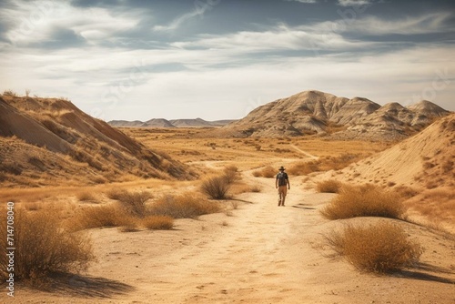 Leinwand Poster traveling - unidentified hiker in arid landscape. Generative AI