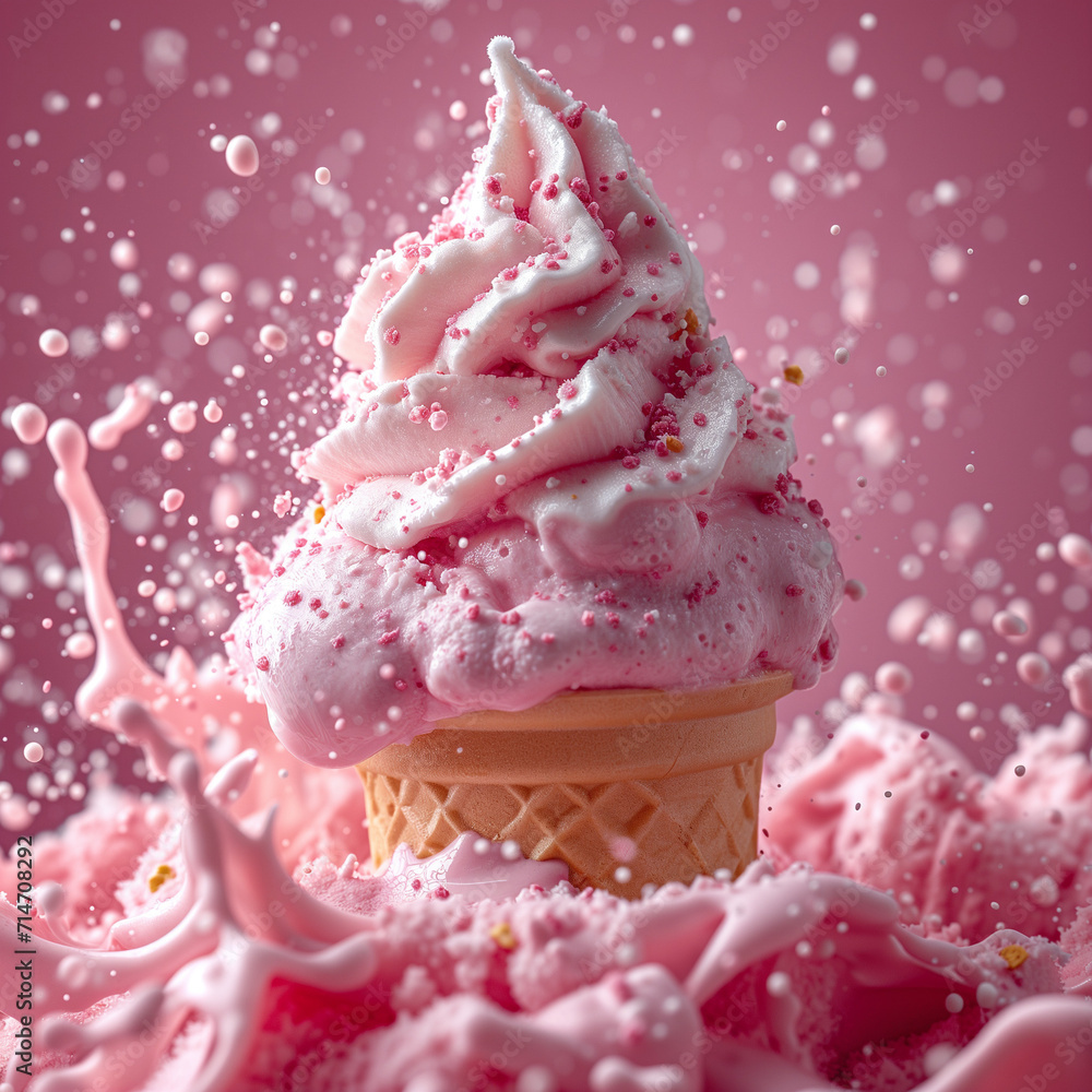Delicious refreshing sweet ice cream cone with melted cream splash in studio Delicious refreshing sweet ice cream cone with melted cream splash in studio