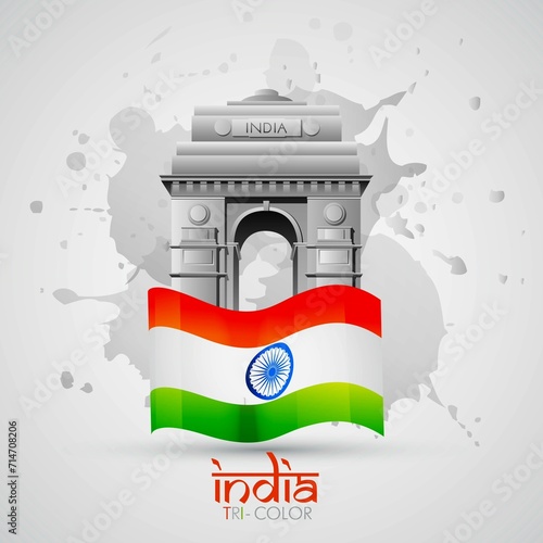 26 January - Happy Republic Day of India Banner Design. Indian Republic Day Celebration with Indian Flag Waves and Text. Famous Indian Landmarks with Ashoka Chakra