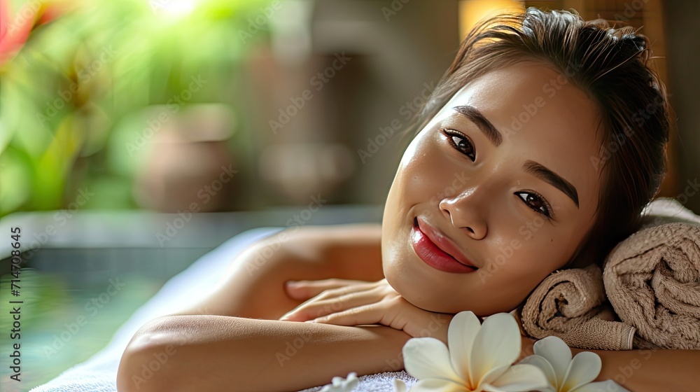 A woman enjoys a tranquil spa treatment surrounded by aromatic oils, incense, and stones A woman enjoys a tranquil spa treatment surrounded by aromatic oils, incense, and stones