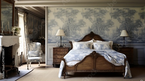 A French country bedroom with toile wallpaper and antique furniture.