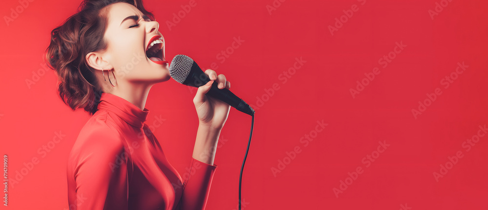Woman singing song with microphone in her hand at party or karaoke club Woman singing song with microphone in her hand at party or karaoke club