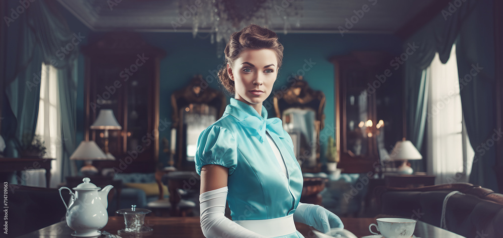 Portrait of housemaid in uniform making housekeeping in house with antique interior