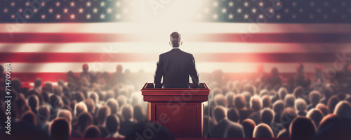 US presidential candidate speaks on podium with microphone at election meeting photo
