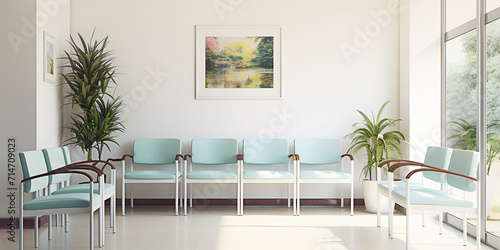 Interior of empty hospital hallway or waiting room with blue chairs standing in rows © Bonsales