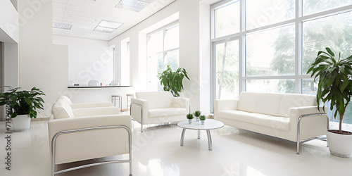 Interior of elegance clinic hall or office waiting room with reception counter