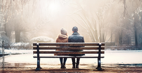 Rear view of couple in love sitting on wooden bench under trees in winter urban park