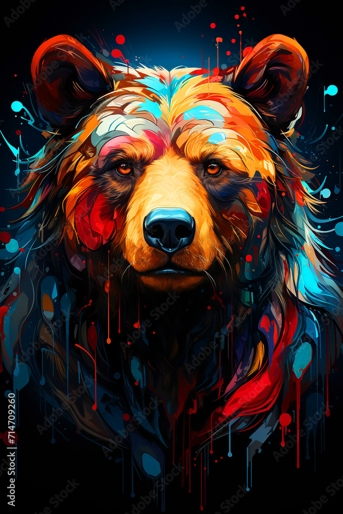 Abstract, multicolored neon portrait of a bear looking forward, in the style of pop art on a black background.