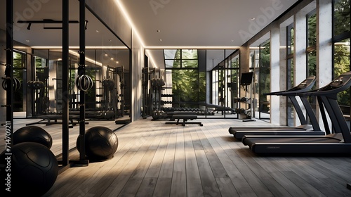 A home gym with mirrored walls and rubber flooring for workouts.