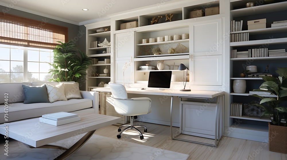 A home office with a built-in murphy bed for guests.