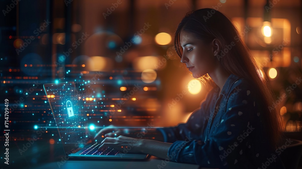 Woman Sitting at Table Using Laptop Computer for Work or Study Woman Sitting at Table Using Laptop Computer for Work or Study