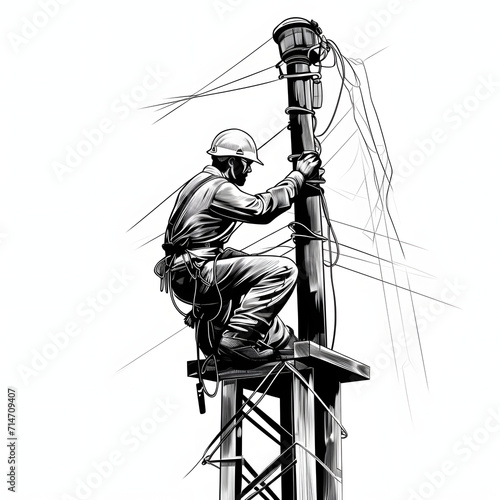 Electrical lineman repairing high voltage lines isolated on white background, hand drawn, png
 photo