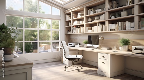 A home office with a built-in desk and plenty of natural light.