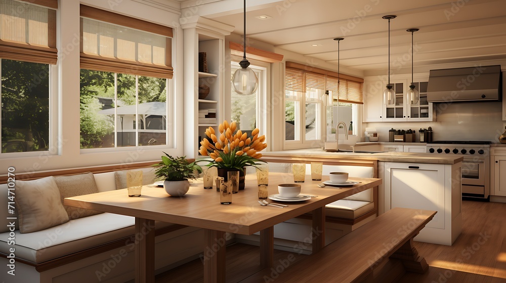 A kitchen island with built-in seating for casual dining.