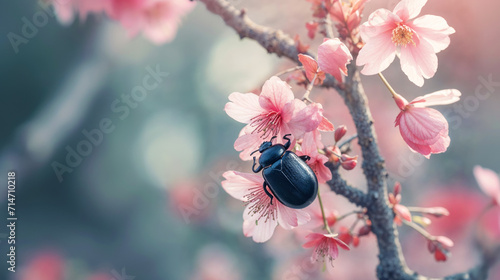 un scarabée noir sur une fleur de cerisier au printemps photo