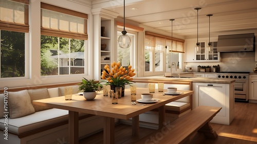A kitchen island with built-in seating for casual dining.