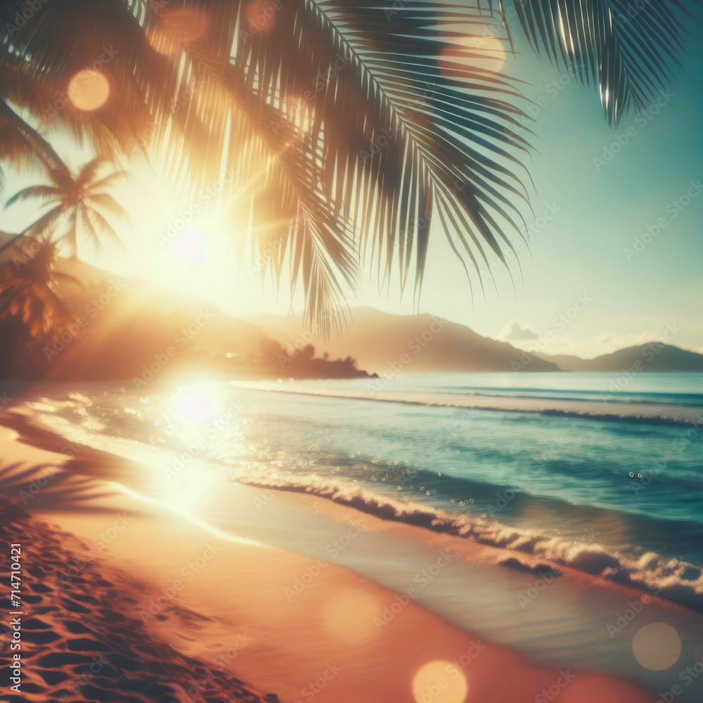 blur summer background with palm leaf on the beach. ai generative