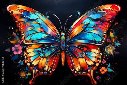Abstract, multicolored neon butterfly, pop art style on a black background.