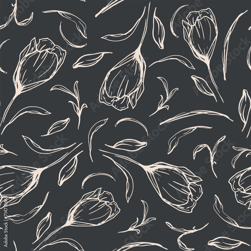 Hand drawn flowers with leaves and grass seamless repeat pattern. Random placed, vector botany aop all over surface print on grey background.