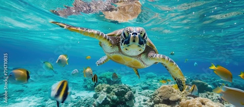 Underwater photography of adorable sea turtle and swimming fish, capturing aquatic wildlife. © 2rogan