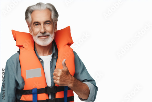 senior man with life vest and floatation device Isolated on solid white background copy space. ai generative