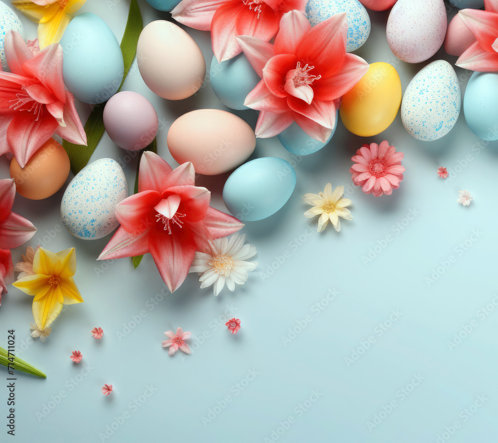 Easter poster and banner template with beautiful Easter multi-colored eggs and flowers.Promotion and shopping template for Easter. Beautiful easter promotion card.Top view, flat lay.Space for text Easter poster and banner template with beautiful Easter multi-colored eggs and flowers.Promotion and shopping template for Easter. Beautiful easter promotion card.Top view, flat lay.Space for text