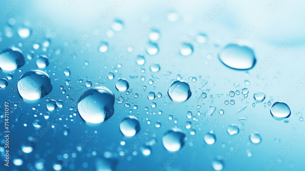 Closeup of water drops sliding on wet surface. Blue background. Generative AI