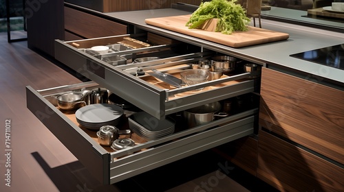 A kitchen with smart storage solutions like pull-out drawers.