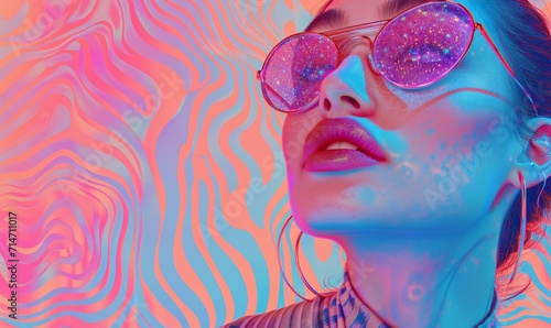 Fashionable, stylish hipster girl in pink glasses. The concept of self-expression and freedom of choice. Colorful, youth illustration for banner and background on social networks. © Honey Bear