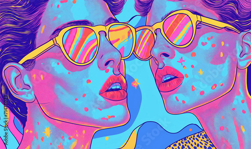 Two hipsters in sunglasses. Freedom and audacity of youth. Self expression concept. Modern, designer, youth illustration for advertising on the website and youth social networks.