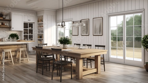A modern farmhodining room with a large farmhotable and shiplap walls.