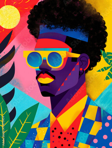 Portrait of a drawn, colorful, African American hipster. Modern, designer, youth illustration for advertising and social networks.