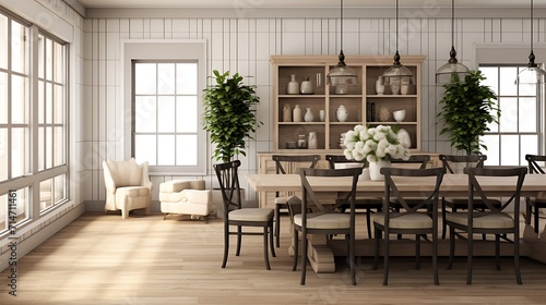 A modern farmhodining room with a large farmhotable and shiplap walls. © Muhammad