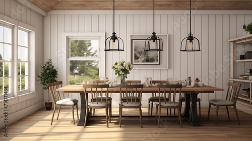 A modern farmhodining room with a large farmhotable and shiplap walls.