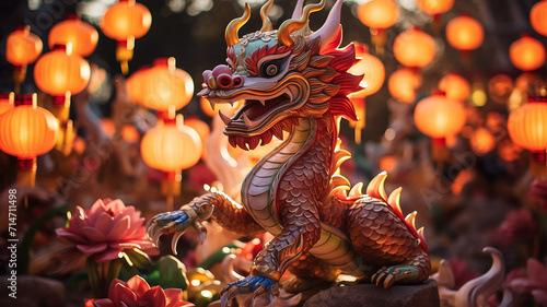 Statue of dragon and Chinese lanterns.