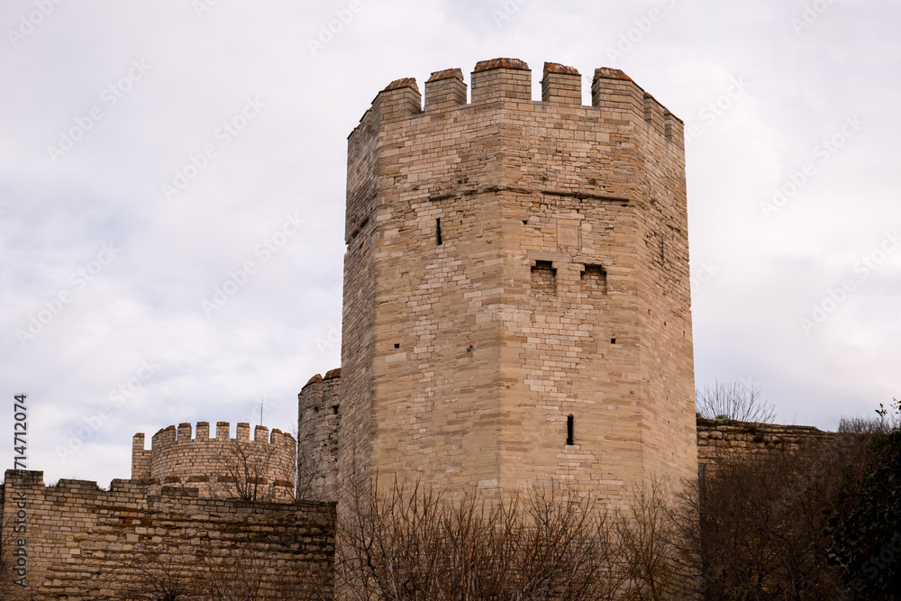 A tower of Yedikule Dungeons in Istanbul, Turkiye. Historic Ottoman Empire tower. A tower of Yedikule Dungeons in Istanbul, Turkiye. Historic Ottoman Empire tower.